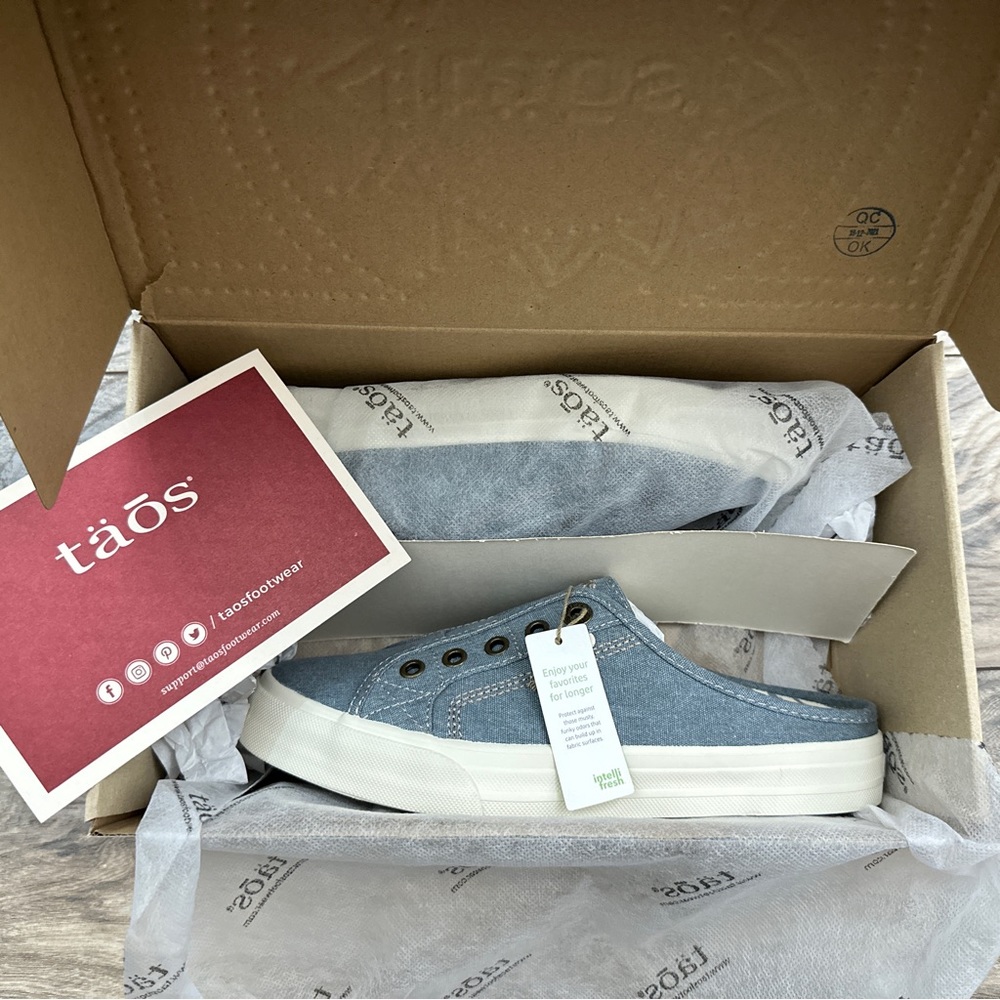 ❌SOLD OUT❌NIB Taos Footwear EZ Soul Mule Sneaker Lake Blue Wash Canvas 7.5M - Picture 10 of 12